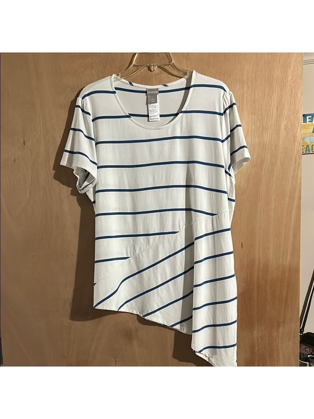 Chico's White and Blue Asymmetrical Short Sleeve T-Shirt